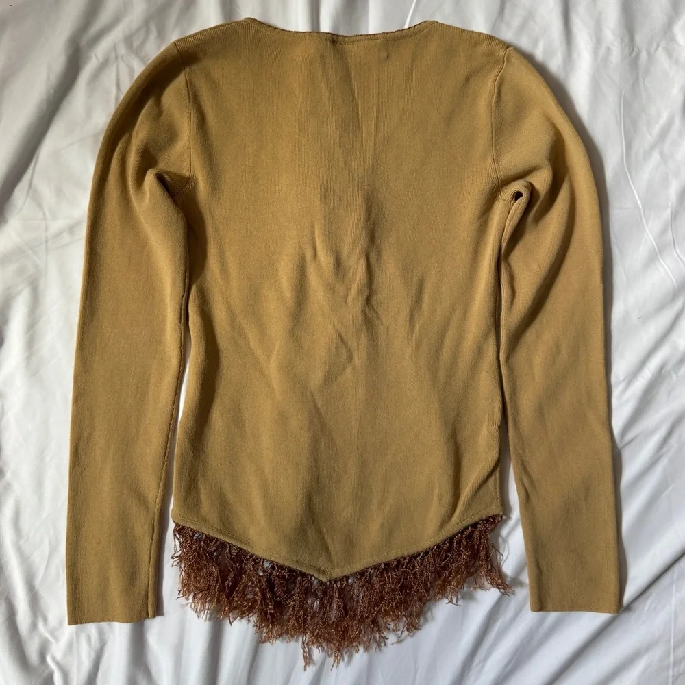 Vintage 90s Y2K Brown Tan Boho Fairy Top with Fringe and Beaded Sequin Details - Picture 6 of 12